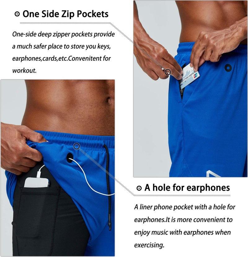 Pinkbomb Men's 2 in 1 Running Shorts Gym Workout Quick Dry Mens Shorts with Phone Pocket (Blue, Medium) - Image 2